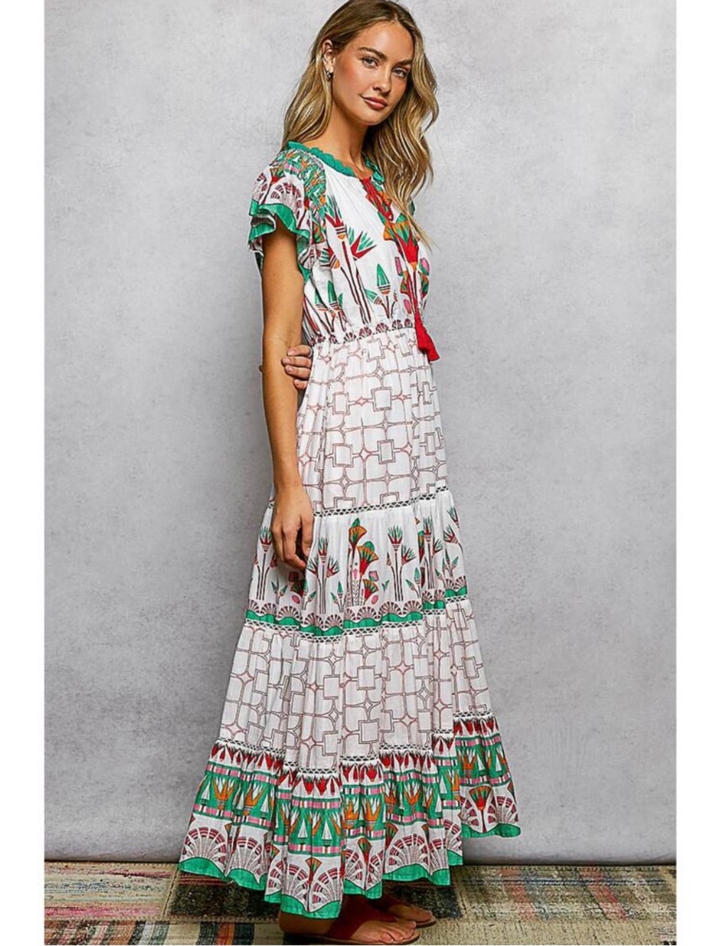 New: POL Stunning Boho Hand Stamped Tassel Tie Flowy Tiered Maxi Dress• Small - Picture 2 of 5